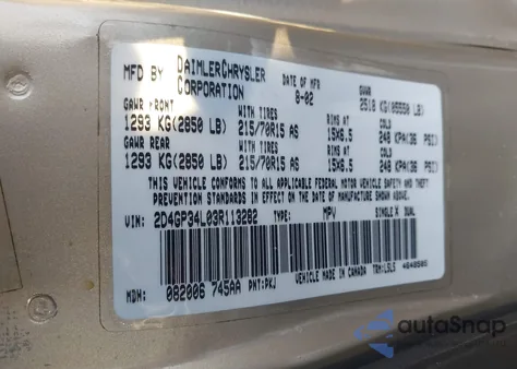 2003 Dodge Grand Caravan El из США, поврежденный, VIN 2D4GP34L03R113282